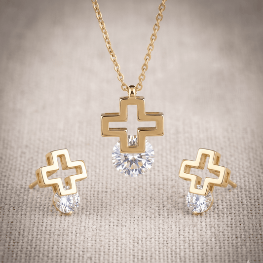 Stainless Steel Crystal Open Cross Earring and Pendant Set with Chain – Durable, Tarnish Resistant Jewelry Set for Everyday Wear