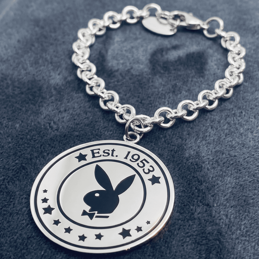 Coordinated Y2K Aesthetic & Mirror-Polish Durability: Stainless Steel Playboy 6" Bracelet & Matching Belly Piercing Set