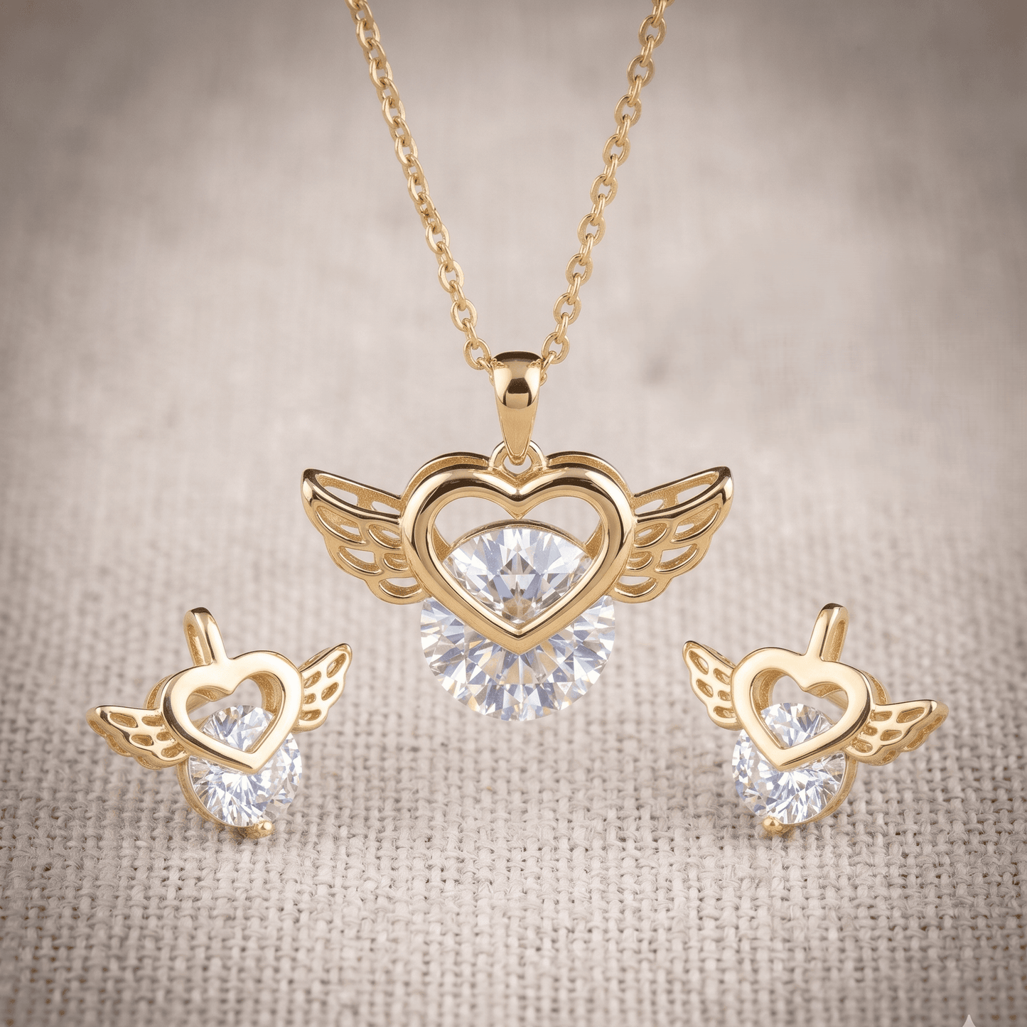 Stainless Steel Crystal Angel Heart Earring and Pendant Set with Chain – Durable, Tarnish Resistant Jewelry Set for Everyday Wear