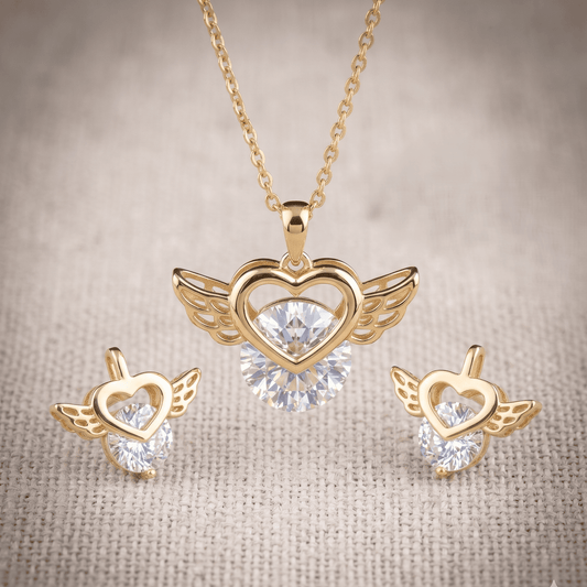 Stainless Steel Crystal Angel Heart Earring and Pendant Set with Chain – Durable, Tarnish Resistant Jewelry Set for Everyday Wear