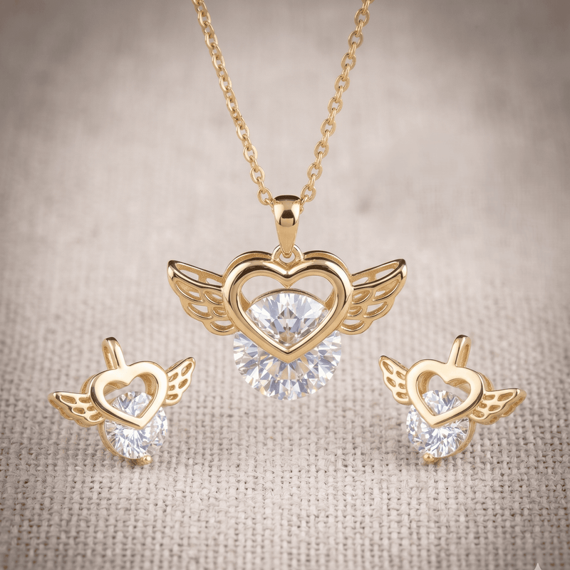 Stainless Steel Crystal Angel Heart Earring and Pendant Set with Chain – Durable, Tarnish Resistant Jewelry Set for Everyday Wear