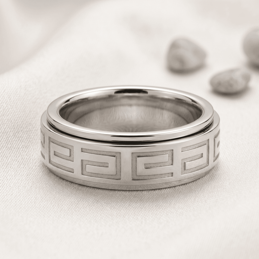 Stainless Steel GREEK KEY SPINNER BAND Ring