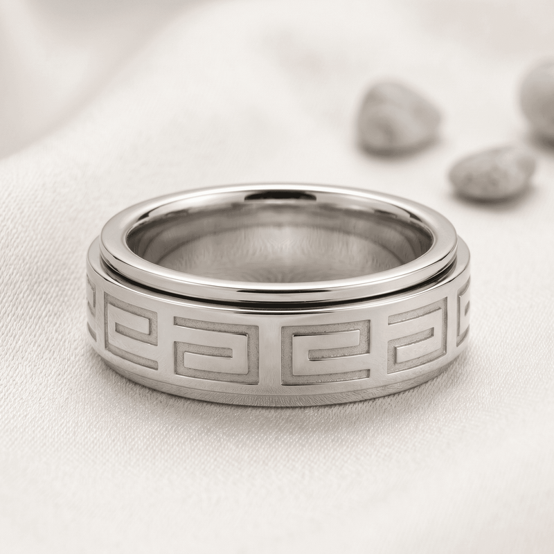 Stainless Steel GREEK KEY SPINNER BAND Ring