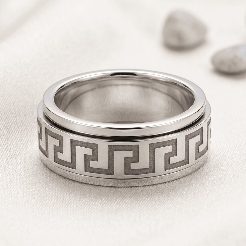 Stainless Steel GREEK KEY w/BLACK INLAY SPINNER BAND Rings