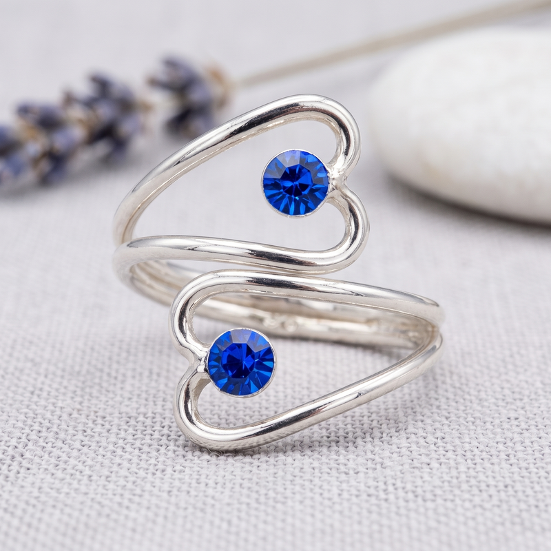 SILVER DEEP BLUE C/Z IN DOUBLE HEARTS Toe/Midi Ring