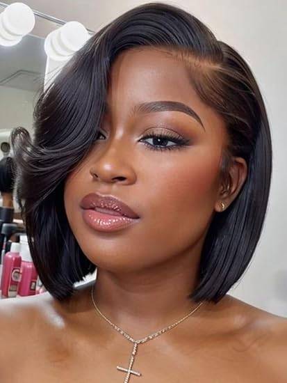 UNICE 10 inch Short Layered Bob Drawstring Wig Human Hair with Side Swept Bangs Bye Bye Knots 7x5 Lace closure Glueless Wigs Human Hair Pre Plucked Pre Cut Read to Wear