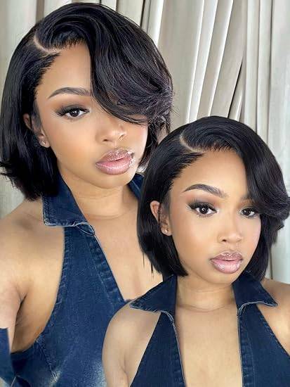 UNICE 10 inch Short Layered Bob Drawstring Wig Human Hair with Side Swept Bangs Bye Bye Knots 7x5 Lace closure Glueless Wigs Human Hair Pre Plucked Pre Cut Read to Wear