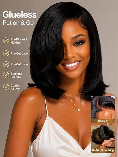 UNICE 10 inch Short Layered Bob Drawstring Wig Human Hair with Side Swept Bangs Bye Bye Knots 7x5 Lace closure Glueless Wigs Human Hair Pre Plucked Pre Cut Read to Wear