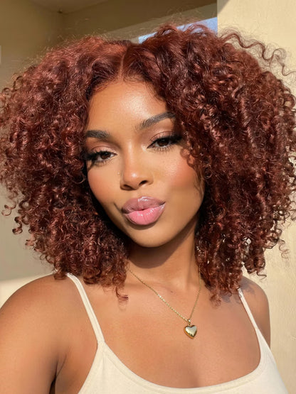 UNice 7x5 Bye-Bye Slip™ Wig Glueless Lace Sunset Afro Kinky Curly & Jerry Curly for Reddish Brown Drawstring Wig-18"