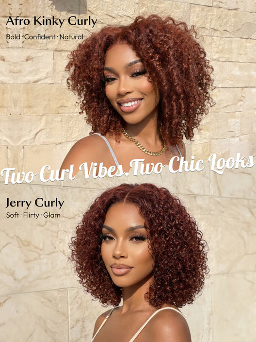 UNice 7x5 Bye-Bye Slip™ Wig Glueless Lace Sunset Afro Kinky Curly & Jerry Curly for Reddish Brown Drawstring Wig-18"