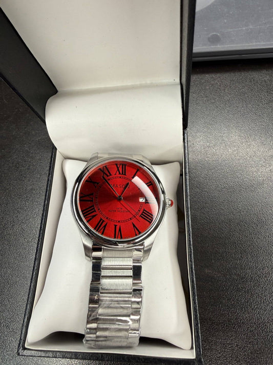 Crimson Boldness & Regal Opulence: Mason Red Face Stainless Steel Crystal-Accented Roman Numeral Automatic Watch (5 ATM)