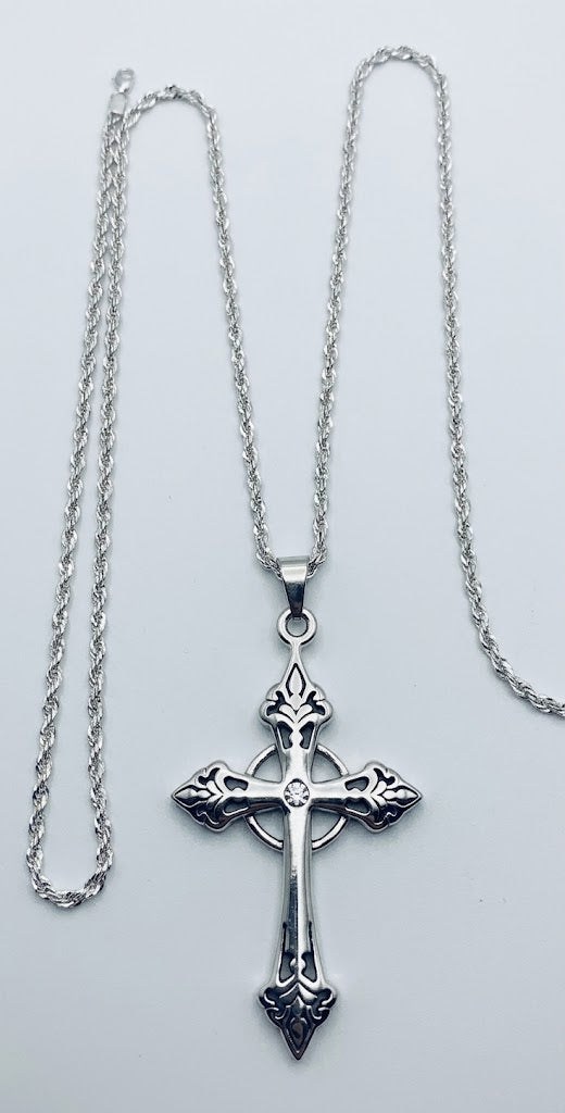 Elaborate Silver Celtic Cross CZ Pendant (22" Diamond-Cut Rope Chain)