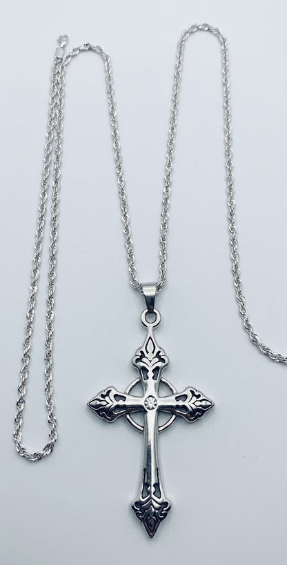 Elaborate Silver Celtic Cross CZ Pendant (22" Diamond-Cut Rope Chain)