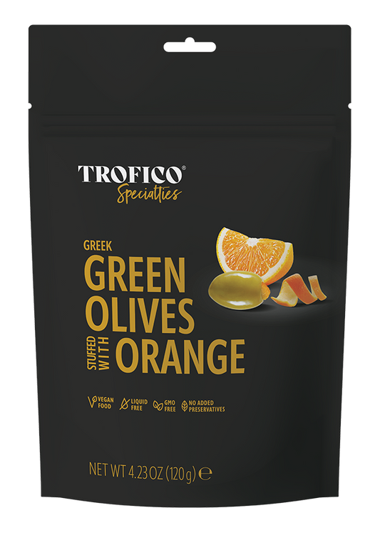 Trofico Greek Green Olives Stuffed with Orange – 120g Doypack