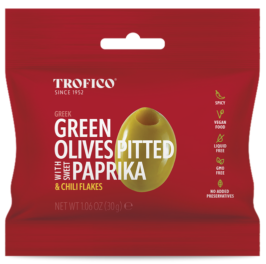 Trofico Greek Green Pitted Olives with Garlic & Chili Flakes