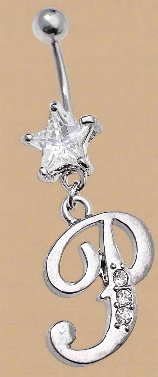 Playboy Crystal Star with Dangling “P” Charm Belly Ring Stainless Steel