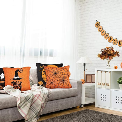 Whaline Halloween Pillow Case Large Orange and Black Pillow Cover 20" x 20" Happy Halloween Spider Ghost Pumpkin Linen Sofa Bed Throw Cushion Cover Decoration for Home Office, 4pcs