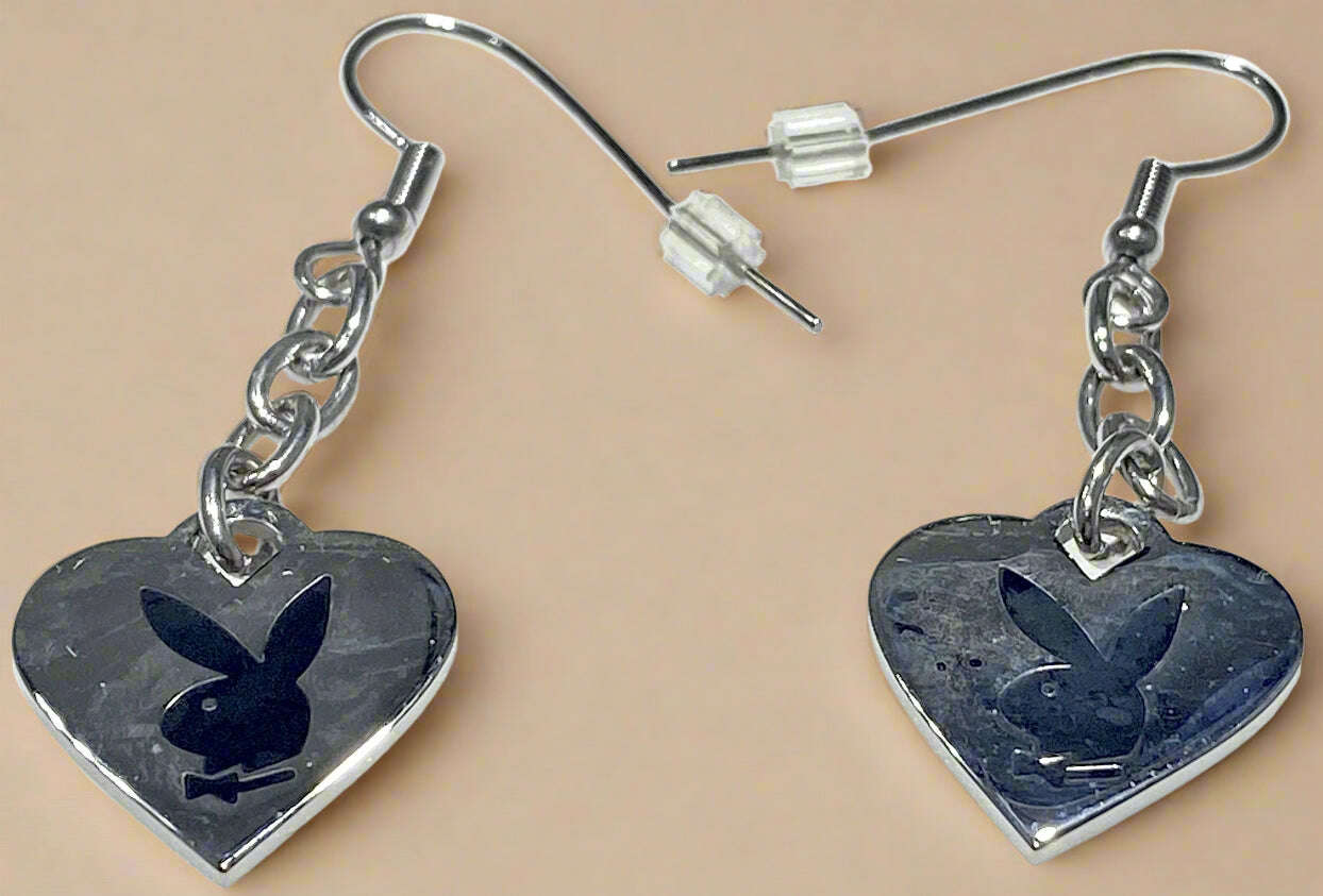 Playboy Heart Drop Earrings – Black Etched Bunny Design in Stainless Steel - COLO