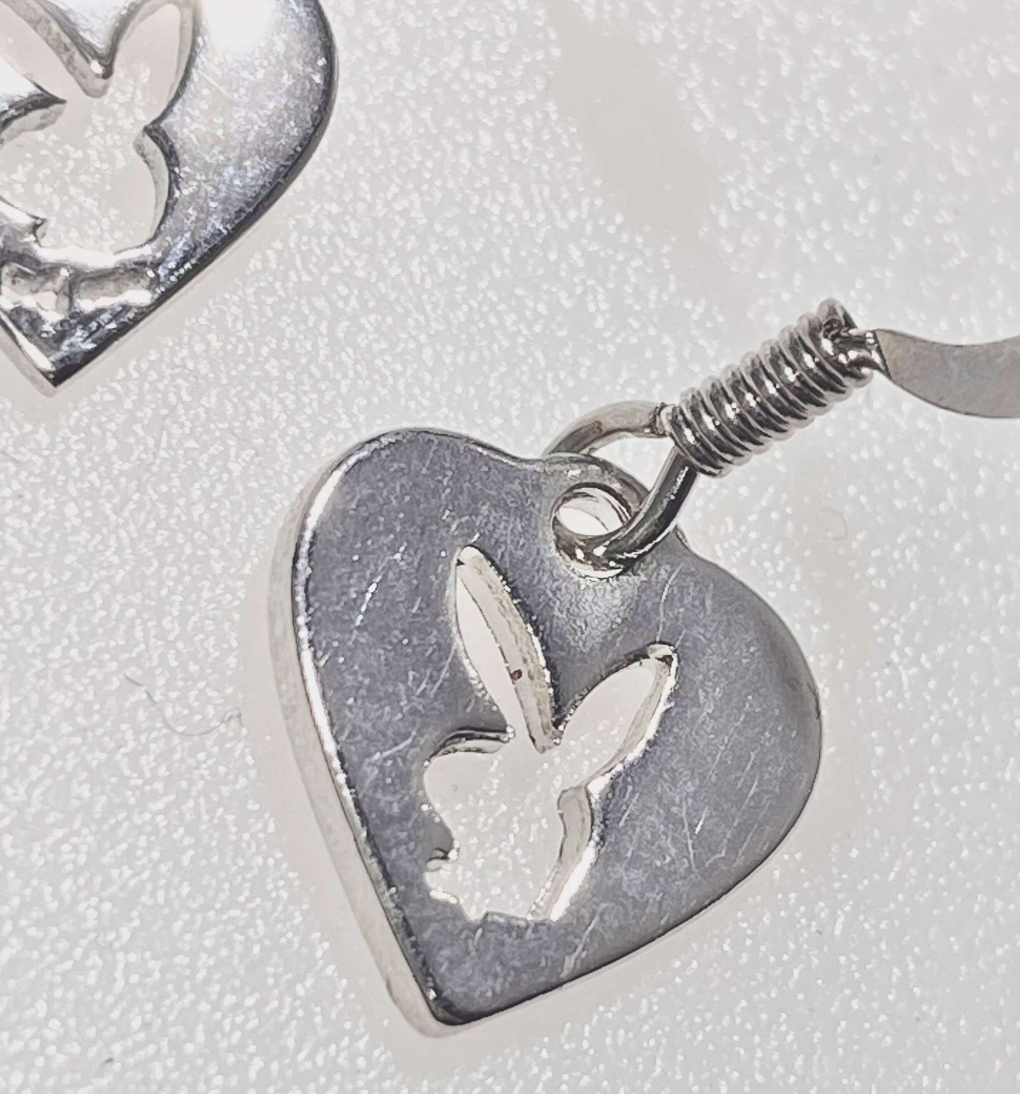 Playboy Heart Charm Earrings – High Polish Stainless Steel with Bunny Cutout