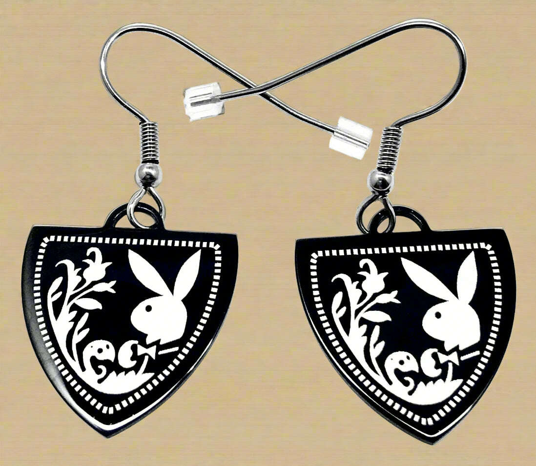 Playboy Shield Drop Earrings – Ornate Bunny Design in Stainless Steel - COLO