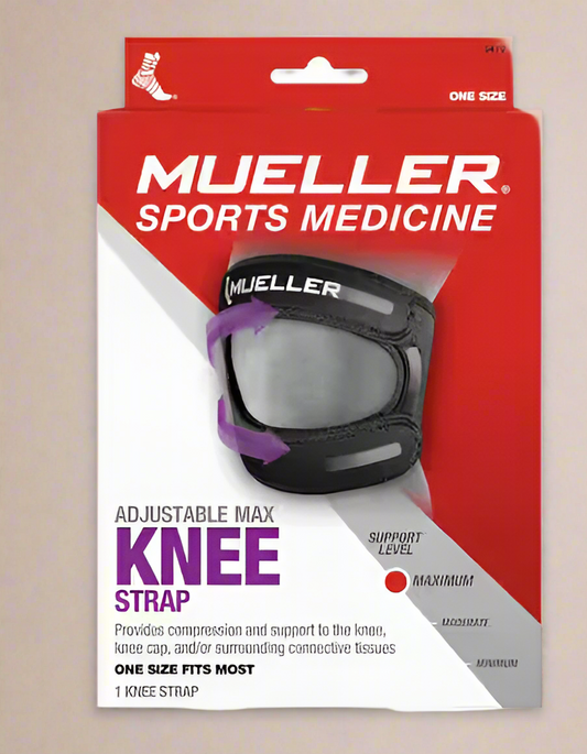 Mueller Adjustable Max Knee Strap – Maximum Support, One Size, Black