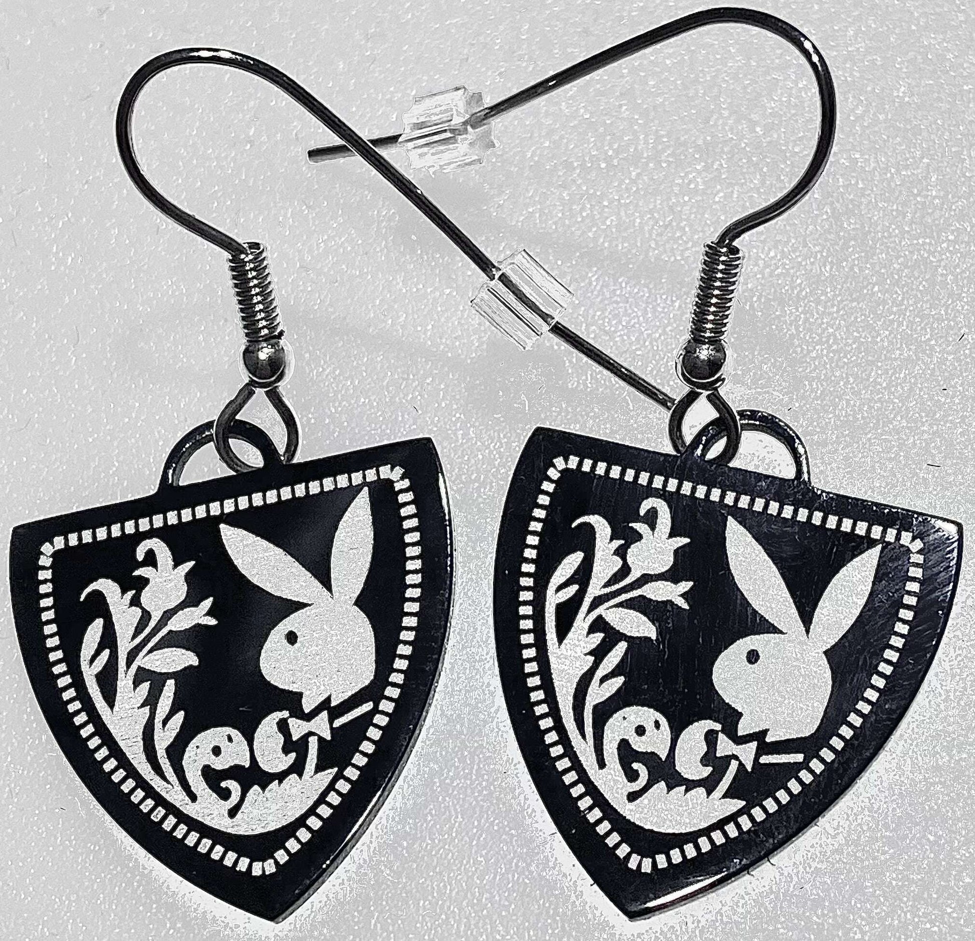Playboy Shield Drop Earrings – Ornate Bunny Design in Stainless Steel - COLO