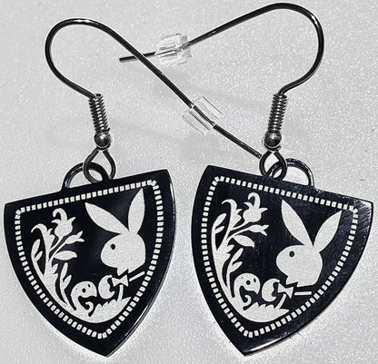 Playboy Shield Drop Earrings – Ornate Bunny Design in Stainless Steel - COLO