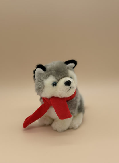 Gray Husky Small Plush Toy – Cute Puppy Stuffed Animal with Red Scarf