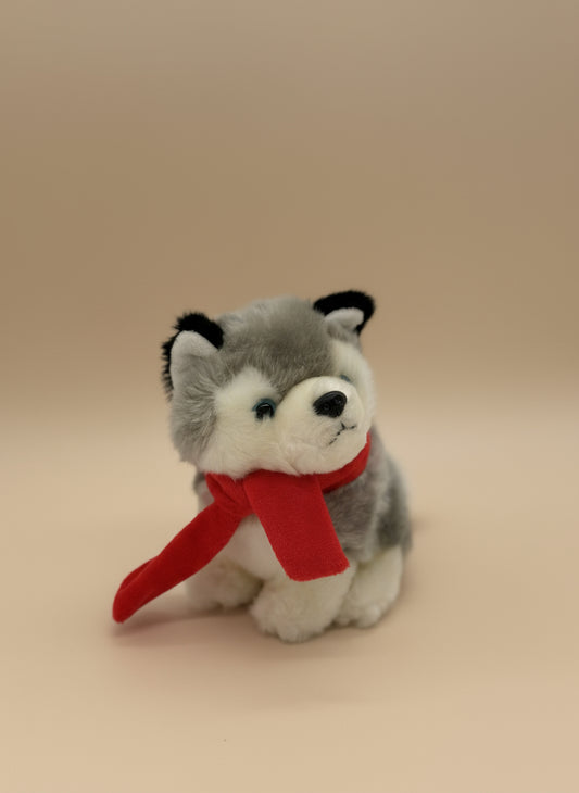 Gray Husky Small Plush Toy – Cute Puppy Stuffed Animal with Red Scarf