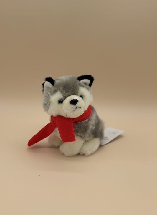 Gray Husky Small Plush Toy – Cute Puppy Stuffed Animal with Red Scarf