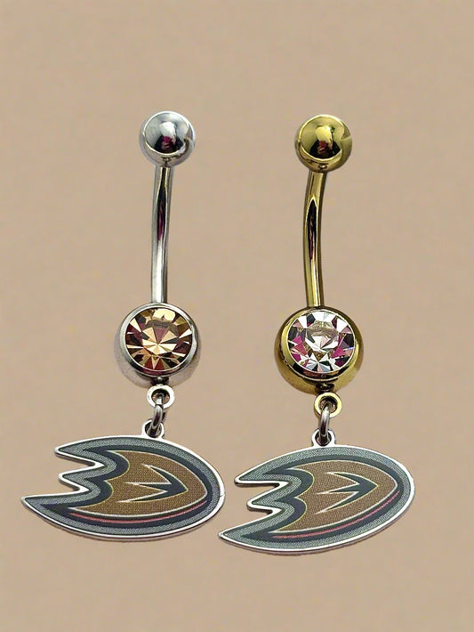 Licensed NHL Clear or Gold Gem Stainless Steel or Gold Anodized Mighty Ducks of Anaheim Belly Ring