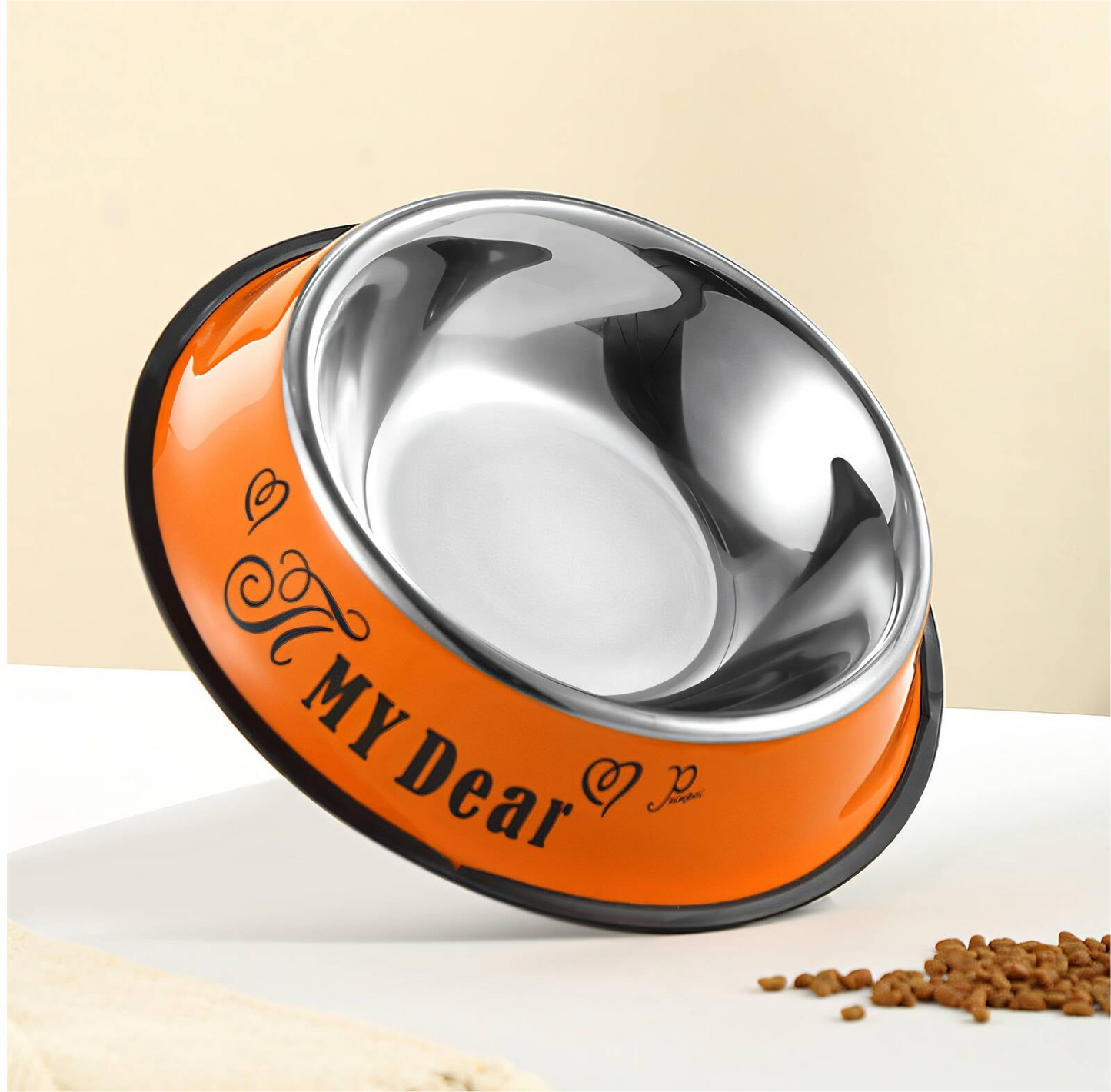 “FEED EAT THE FEED” Stainless Steel Pet Bowl – Orange, 9-Inch Non-Slip Dish