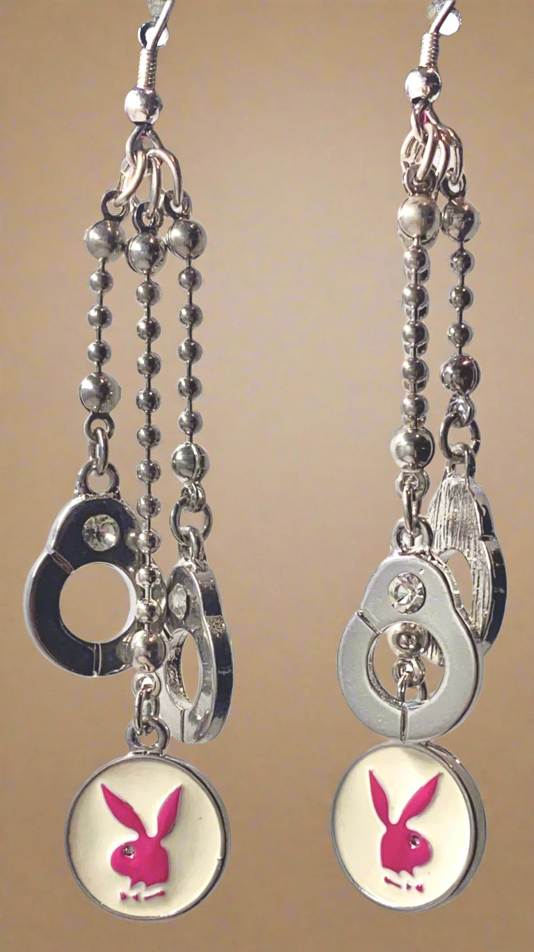 Playboy Drop Earrings – Multi-Chain Cuff & Pink Cream Disk with Bunny Logo