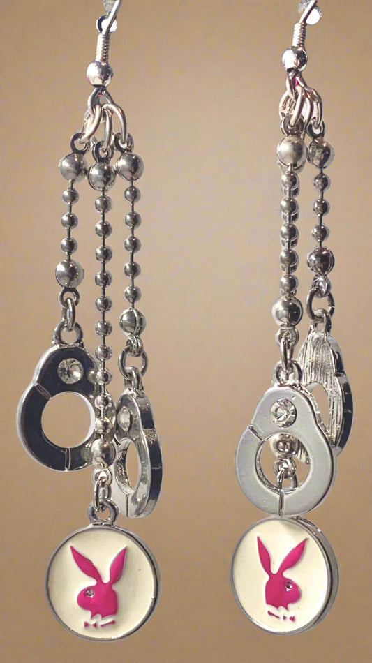 Playboy Drop Earrings – Multi-Chain Cuff & Pink Cream Disk with Bunny Logo