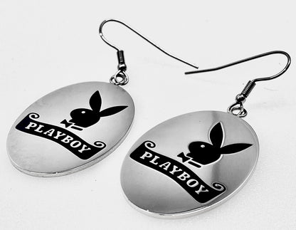 Playboy Oval Tag Earrings – Etched Logo Disk on Stainless Steel Hooks