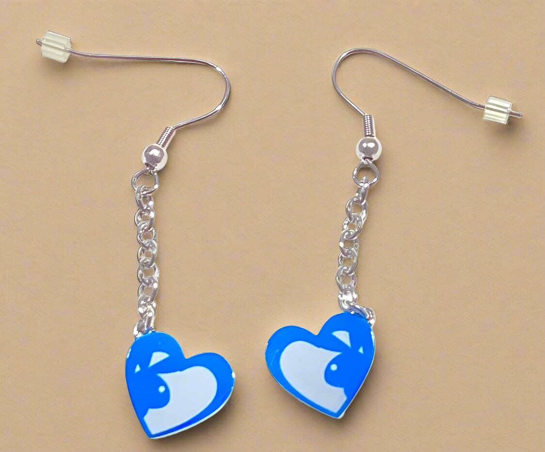 Playboy Double Heart Drop Earrings – Blue & White Design in Stainless Steel - COLO