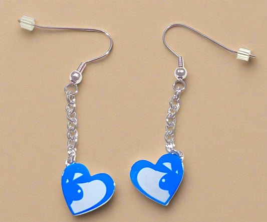 Playboy Double Heart Drop Earrings – Blue & White Design in Stainless Steel