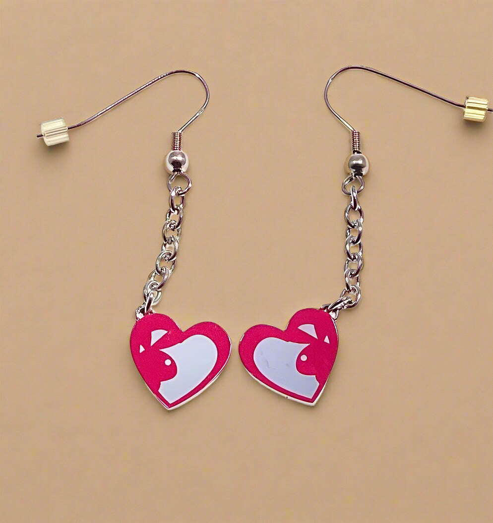 Playboy Double Heart Drop Earrings – Pink & White Design in Stainless Steel - COLO