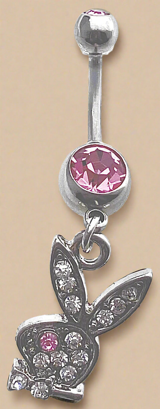 Playboy White & Pink Crystal Bunny Head Belly Ring Stainless Steel