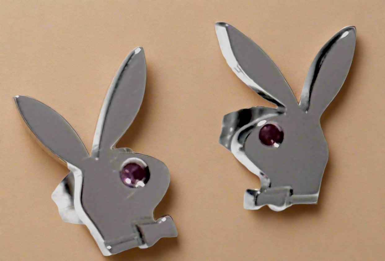Playboy Bunny Stud Earrings – Stainless Steel with Pink Crystal Eyes