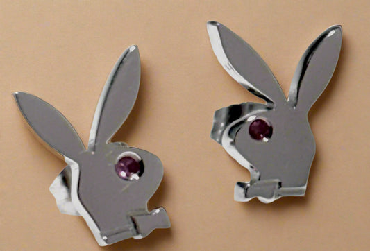 Playboy Bunny Stud Earrings – Stainless Steel with Pink Crystal Eyes