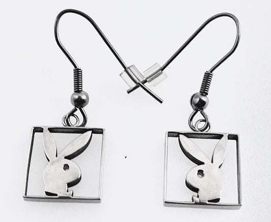 Playboy Box Frame Earrings – Stainless Steel Bunny Head Drop Design