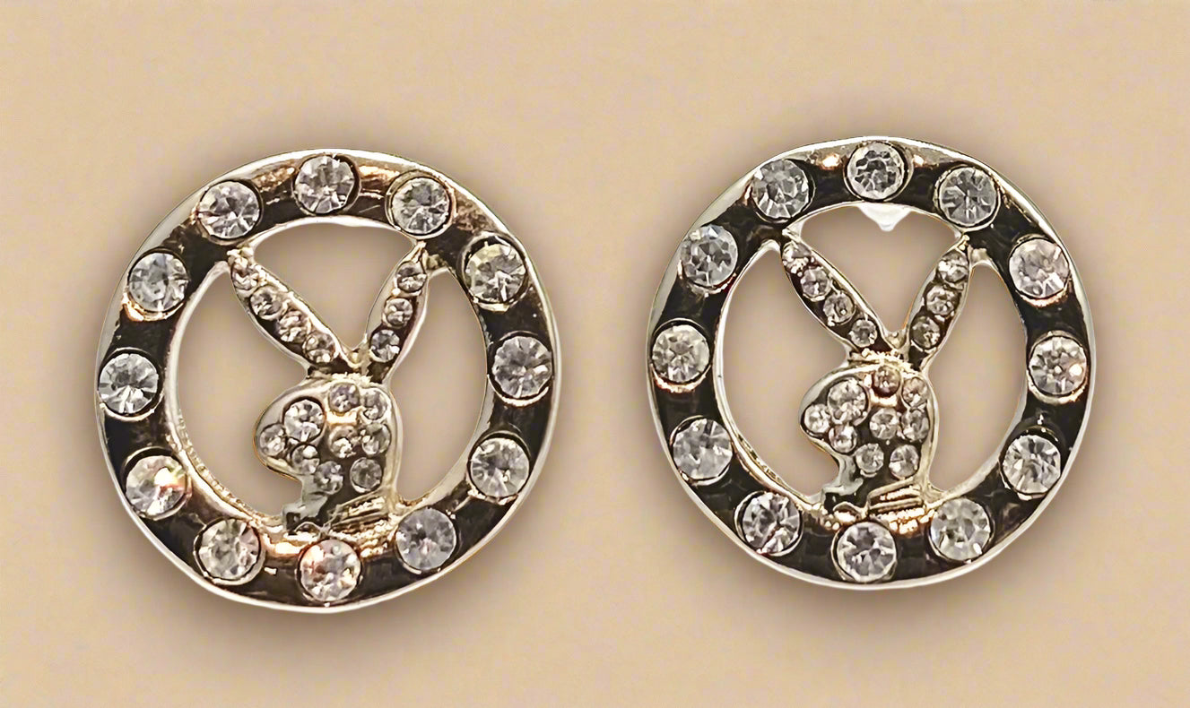 Playboy Crystal Circle Stud Earrings – Bunny Head in Stainless Steel Frame
