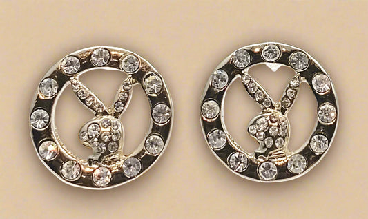 Playboy Crystal Circle Stud Earrings – Bunny Head in Stainless Steel Frame