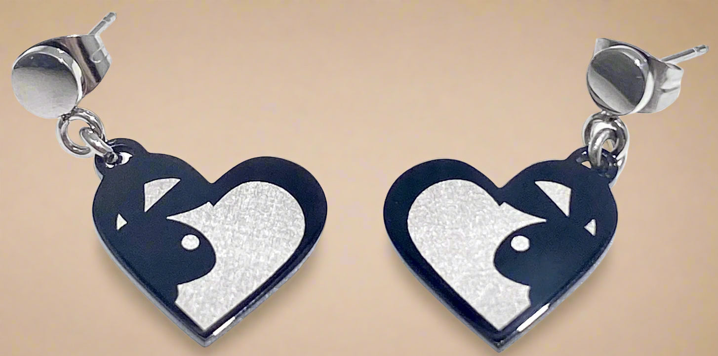 Playboy Heart Stud Earrings – Black & White Cutout Design in Stainless Steel
