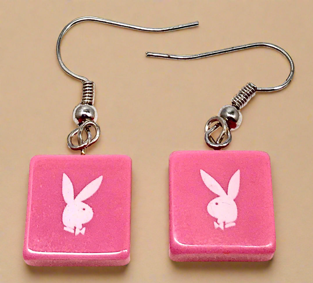 Playboy Pink Square Drop Earrings – Stainless Steel with Bunny Logo