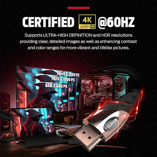 4K Ultra HD HDMI Cable – 24K Gold Contacts, High-Speed 21 Gbps, Duraflex Coating (4/6/8/12 Ft)