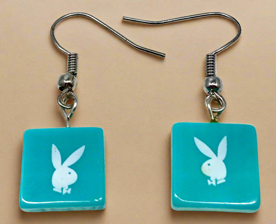 Playboy Aqua Square Drop Earrings – Stainless Steel with Bunny Logo