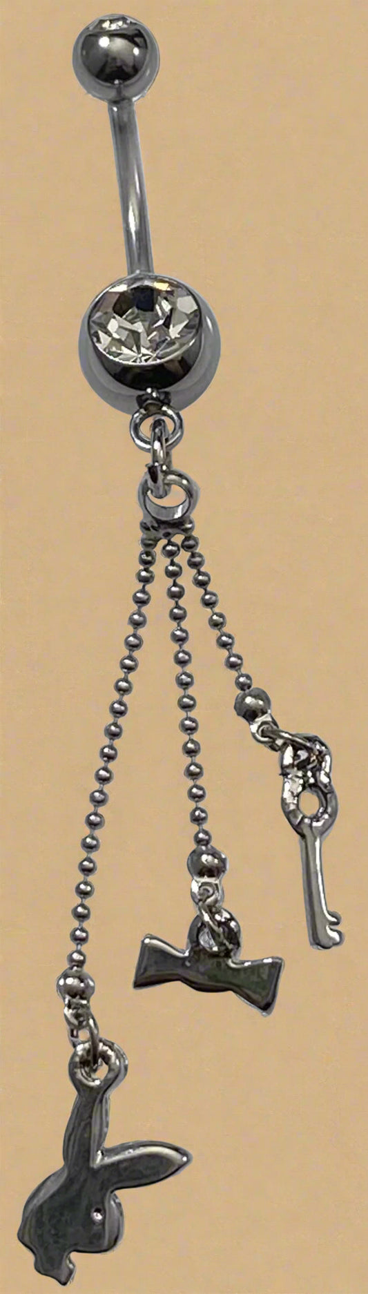 Playboy White Crystal Triple Charm Dangle Belly Ring Stainless Steel
