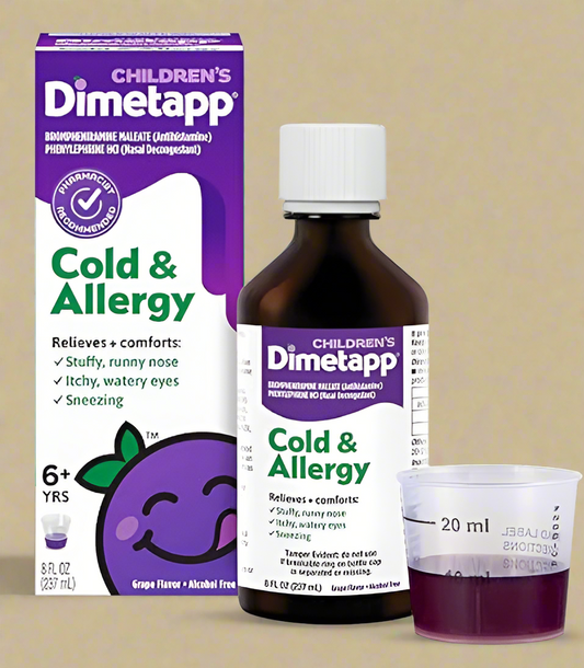 Dimetapp Children’s Cold & Allergy Medicine, Antihistamine, Nasal Decongestant, Relieves Nasal Congestion, Itchy, Watery Eyes & Sneezing, Grape Flavor, Alcohol-Free, Pharmacist Recommended, 8 Fl Oz